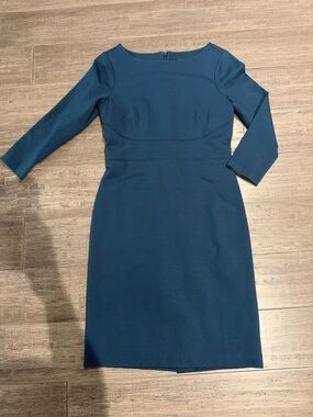 Ann Taylor Teal Midi Sheath Dress with Three-Quarter Sleeves